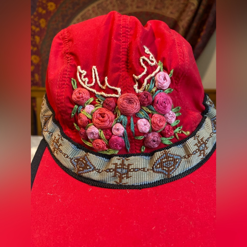 Hand embroidered repurposed Kavu hat.